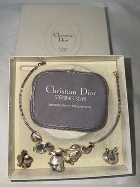 Christian Dior Vintage Sterling Silver Rosebud Rose Petal Necklace Earring Set